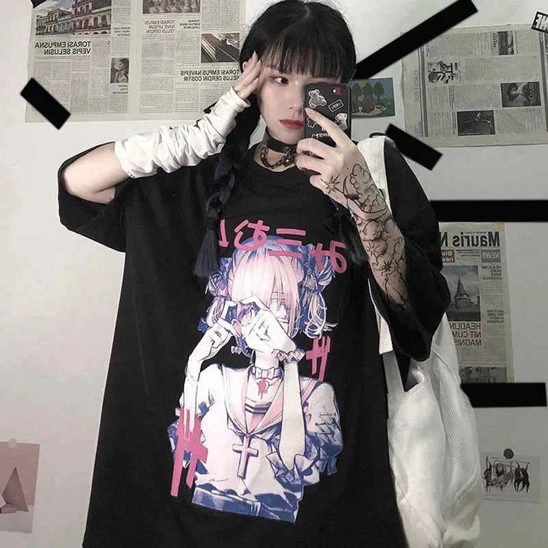 Crop Tops Women T-Shirts Short Sleeve Gothic Printing Tee