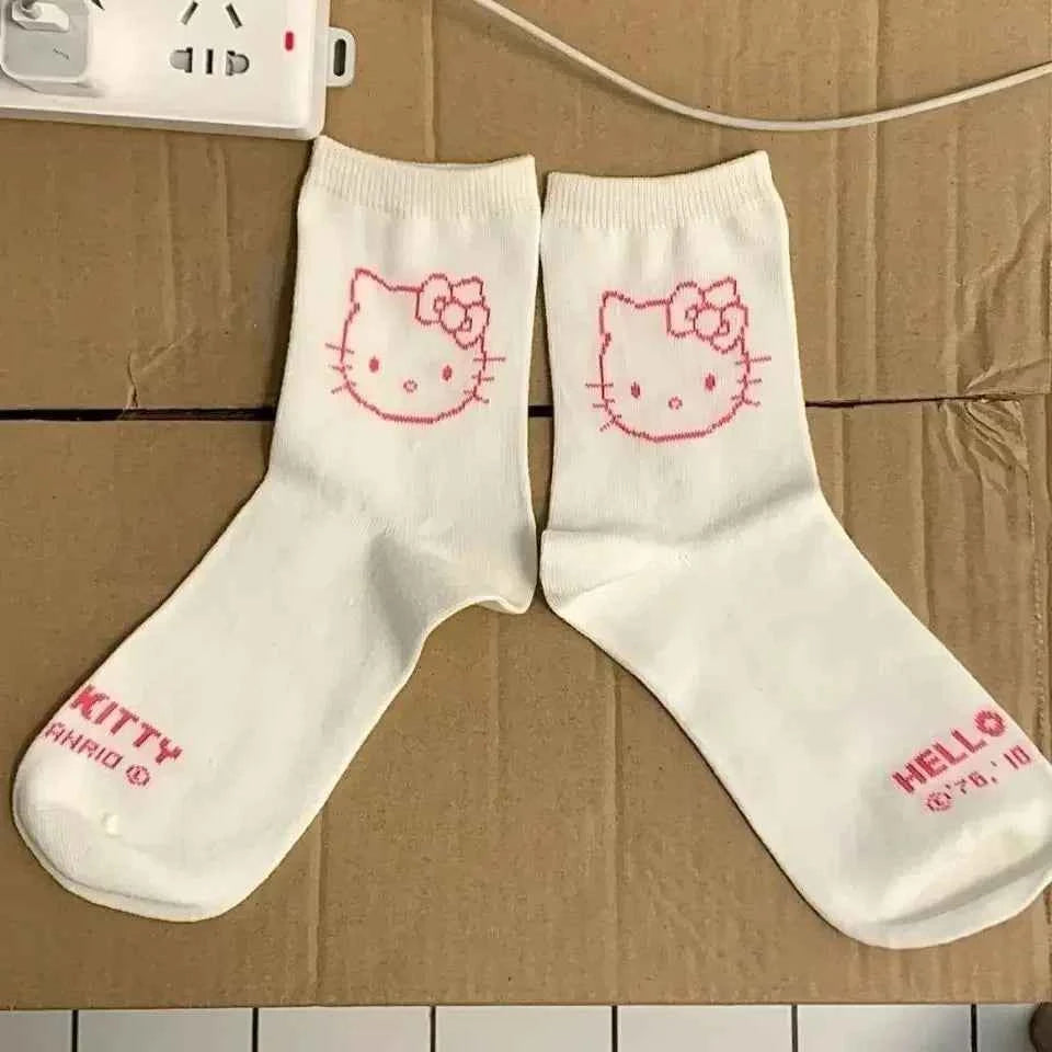 3 Pairs Female Y2K Hello Kitty Socks for Girls Medium Socks Kawaii Sanrio Accessories Socks Women Rosered Black White Sock
