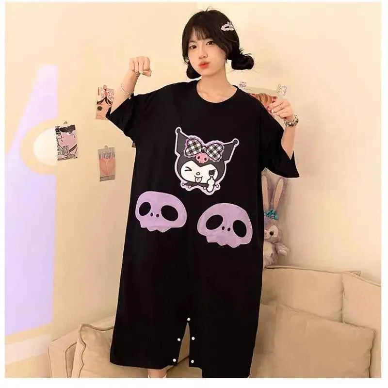 Sanrios Cute Pajamas Kuromi Summer Kawaii Nightgown New Style Student Fashion Thin Loose Comfort Casual Cartoon Home Clothes