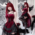 Model in burgundy gothic vampire dress with wings and horns, two poses
