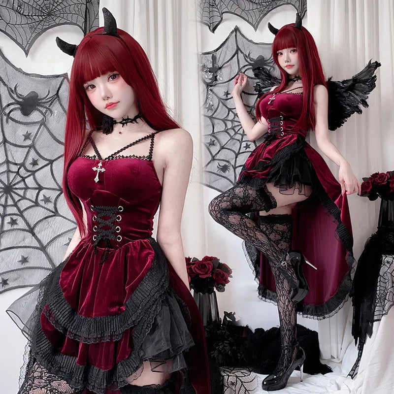 Model in burgundy gothic vampire dress with wings and horns, two poses
