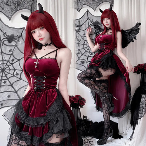 Model in burgundy gothic vampire dress with wings and horns, two poses