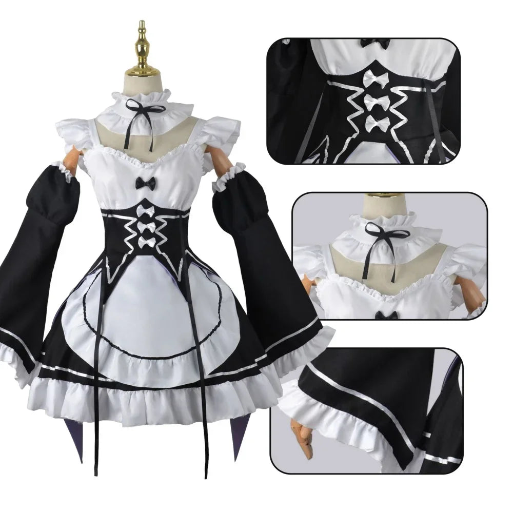 Ram and Rem maid cosplay dress with long black sleeves and bows, model wearing