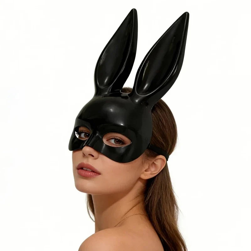 Model wearing black glossy bunny ear mask, three quarter view