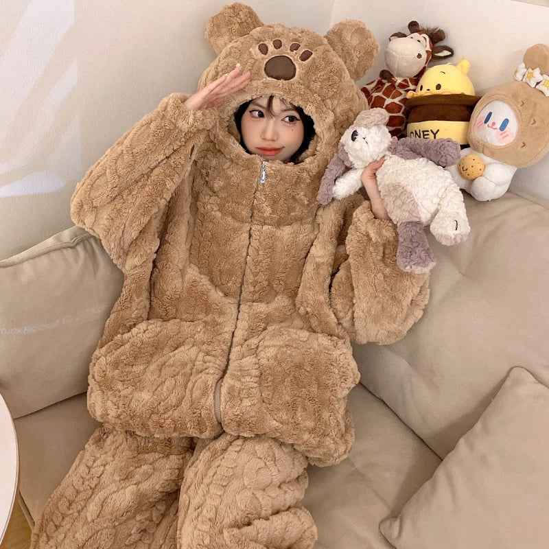 Sanrios My Melody Women's Pajamas Anime Kawaii Pompom Purins Coral Velvet Thickened Cute Hooded Zipper Home Wear Nightgown Suit