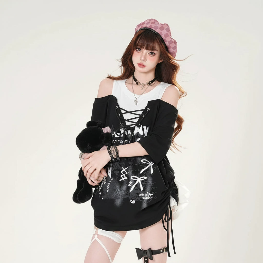 Fake Two Piece Spliced Graffiti Printed Short Sleeve - Vusy Kawaii Shop