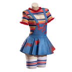 Bride of Chucky cosplay costume side front view with striped bodysuit and denim overall skirt