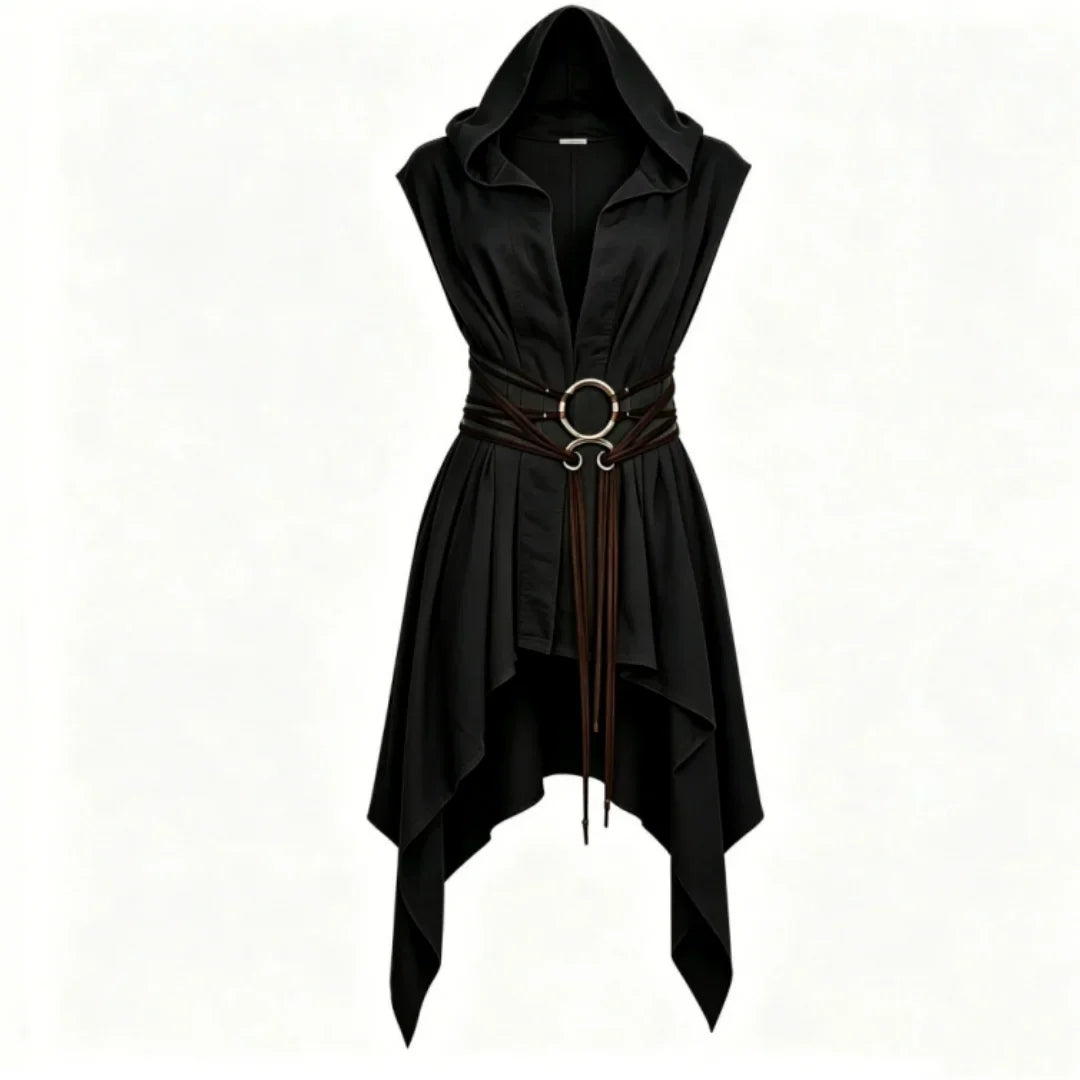 Black medieval elf ranger hooded sleeveless tunic with wrap belt on white background