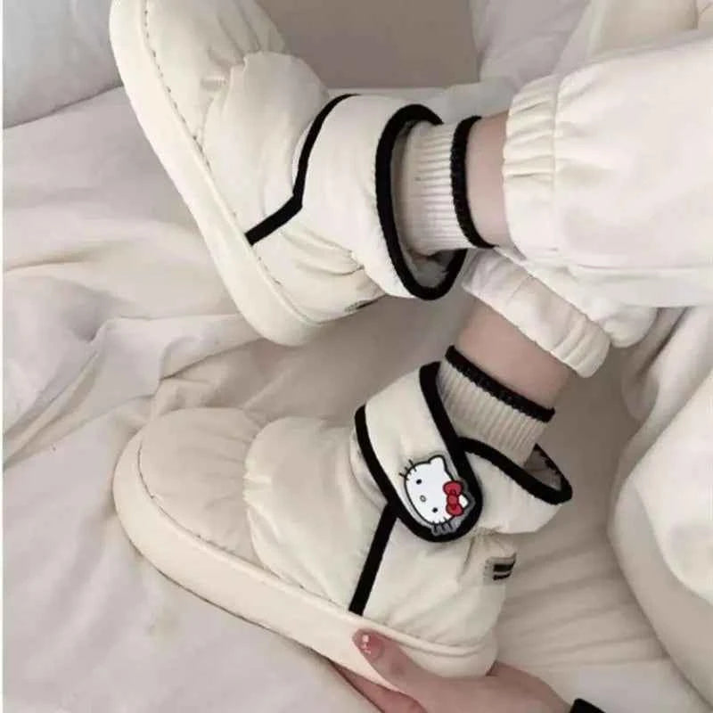 Sanrios Hello Kittys Plush Winter Fashion Outdoor Cotton Shoes Women Warm Waterproof Velcros Cute Shoes Soft Snows Boots Girls