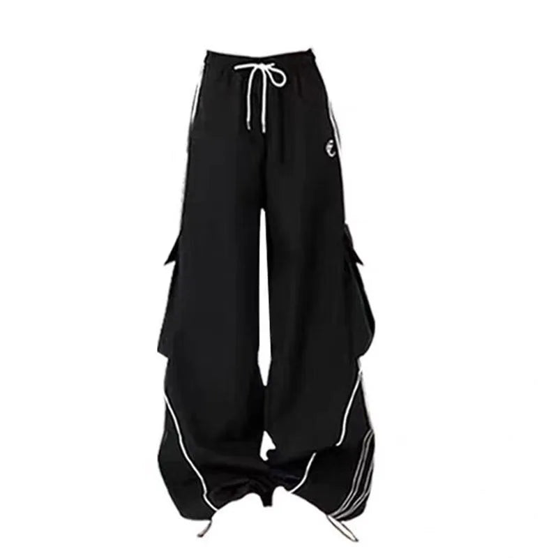 Brown Striped Sweater and Black Cargo Pants Set, black wide-leg cargo pants with drawstring waist and white piping