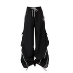 Brown Striped Sweater and Black Cargo Pants Set, black wide-leg cargo pants with drawstring waist and white piping
