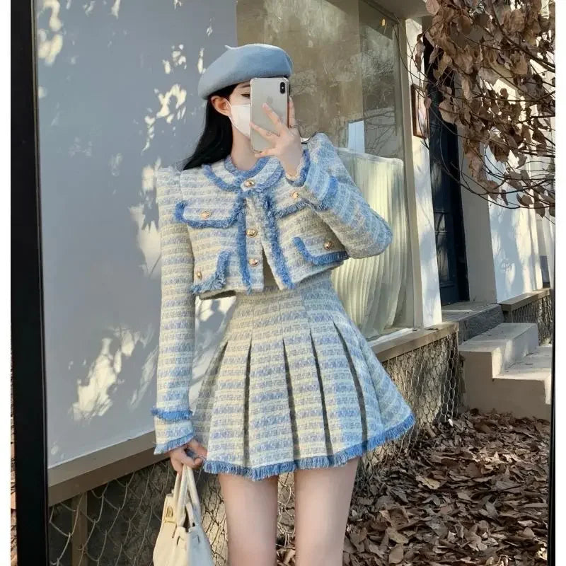 Small Fragrance Blue Tweed Coat Elegant Pink Tassel Jacket - Vusy Kawaii Shop