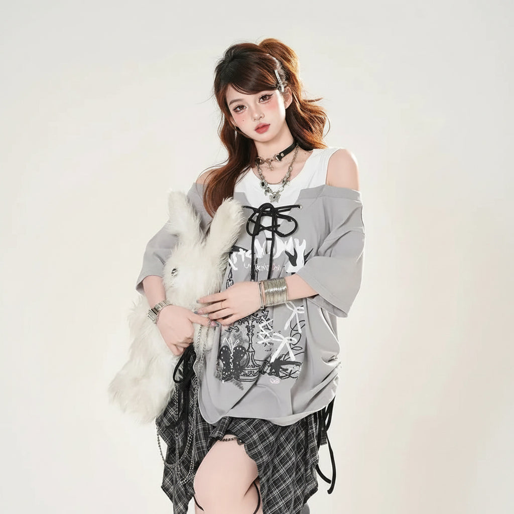 Fake Two Piece Spliced Graffiti Printed Short Sleeve - Vusy Kawaii Shop