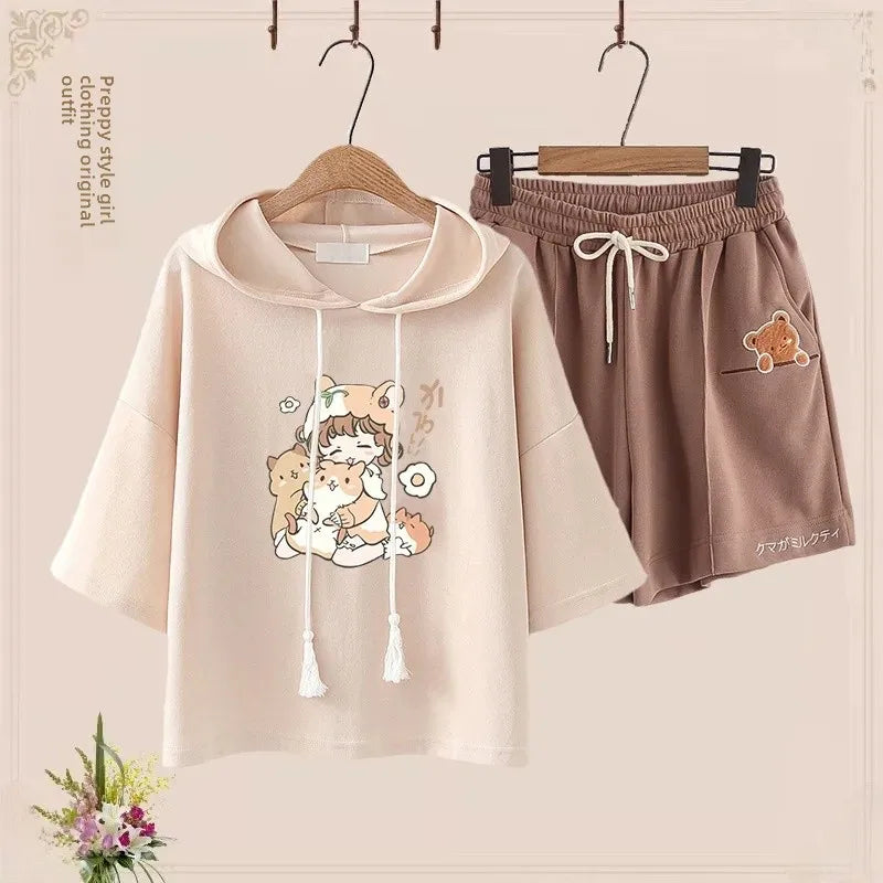 Summer Short Sleeve Sports Suit Cute Bear T-Shirt Japanese - Vusy Kawaii Shop