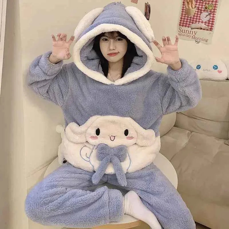 New Autumn Winter Sanrios My Melody Coral Velvet Pajamas Women Kuromi Cinnamoroll Thicken Hooded Cartoon Cute Home Clothes Suit