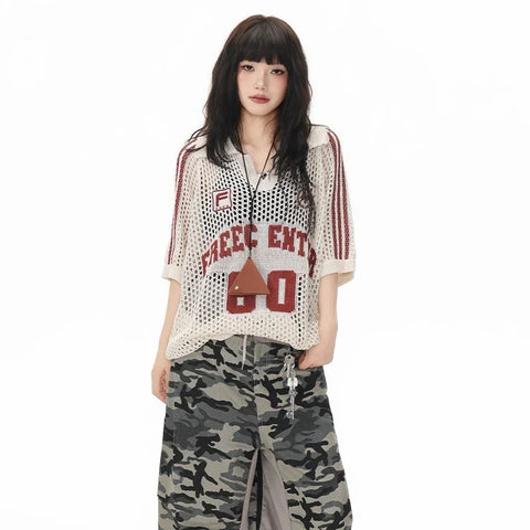 American Vintage Hollow Out Knit Tops Polo Shirt Graphic T - Vusy Kawaii Shop