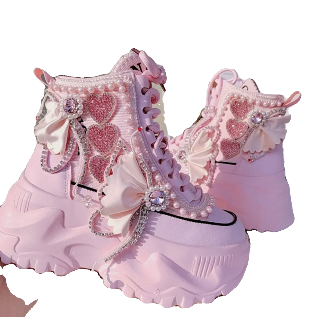 Lolita's Original Thick Soled Boots Women's Pink High Rise Short Boots Sweet Diamond Inlaid Fairy New High Top Single Shoes