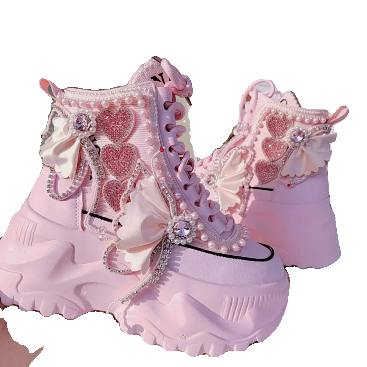 Lolita's Original Thick Soled Boots Women's Pink High Rise Short Boots Sweet Diamond Inlaid Fairy New High Top Single Shoes