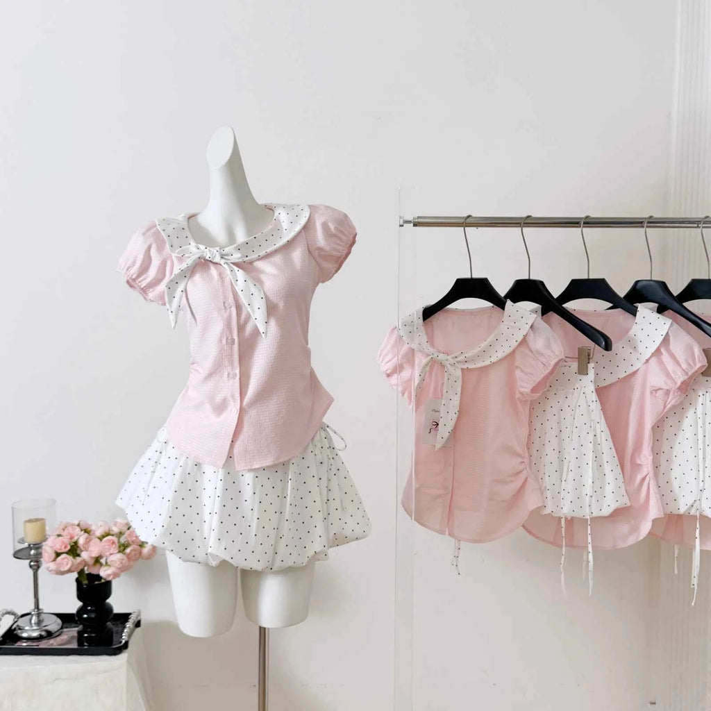 Women's Sweet Polka Dot Bow Collar Top & Mini Skirt Set