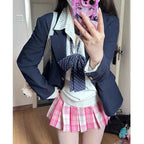 Sweet White Pink Plaid JK Skirt Preppy Style A-Line Pleated