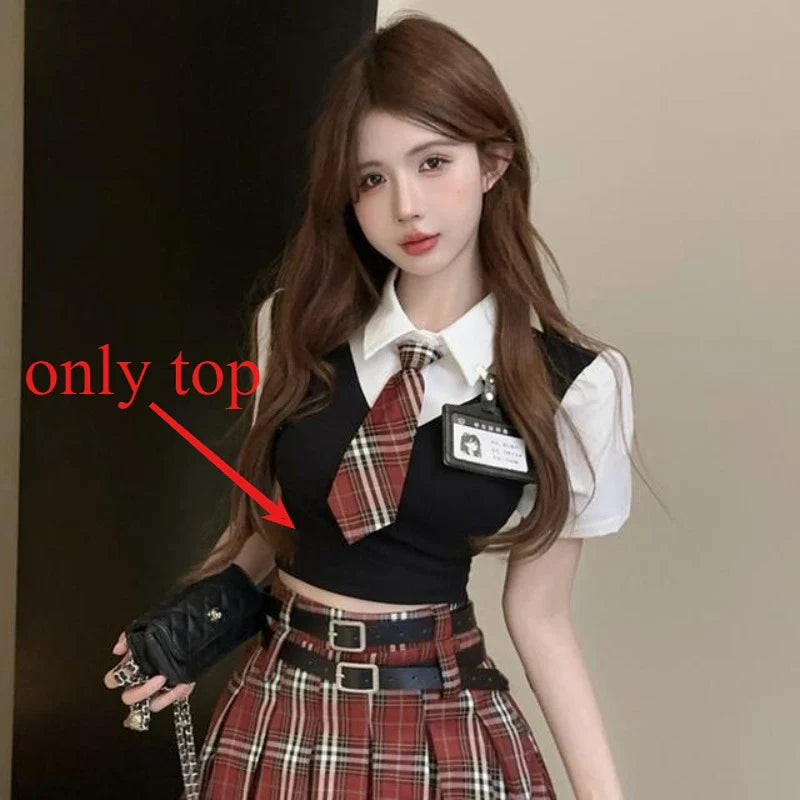 Summer Uniform Fake Two Piece Short Sleeve Top - Vusy Kawaii Shop