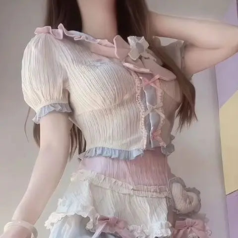 Kawaii Sweet Bow Puff Sleeve Sailor Collar Blouse Patchwork - Vusy Kawaii Shop