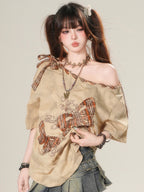 Off Shoulder T Shirt Women Streetwear Loose Harajuku - Vusy Kawaii Shop
