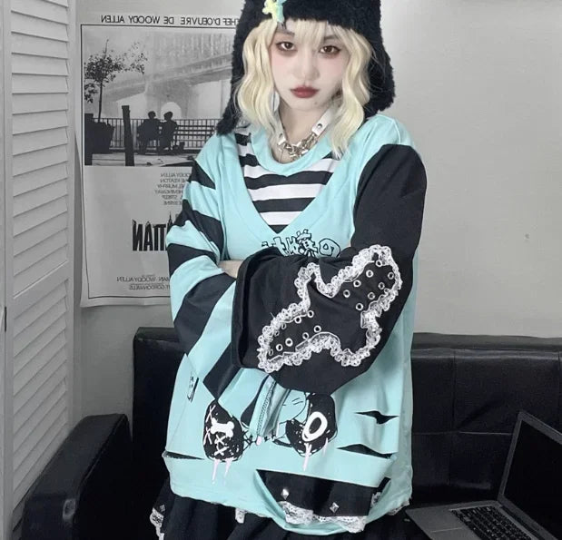 Japanese Fashion Fake Two Pieces Cartoon Print T-shirts - Vusy Kawaii Shop