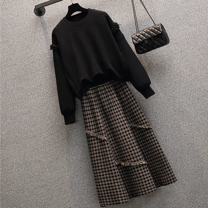 Women Winter Vintage Chic Sweater Plaid Skirts Lady Black - Vusy Kawaii Shop