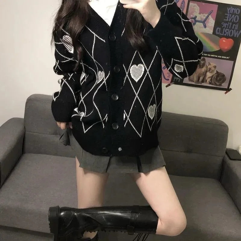 Women Heart Pattern Jacquard Sweater Long Sleeve Love Style - Vusy Kawaii Shop