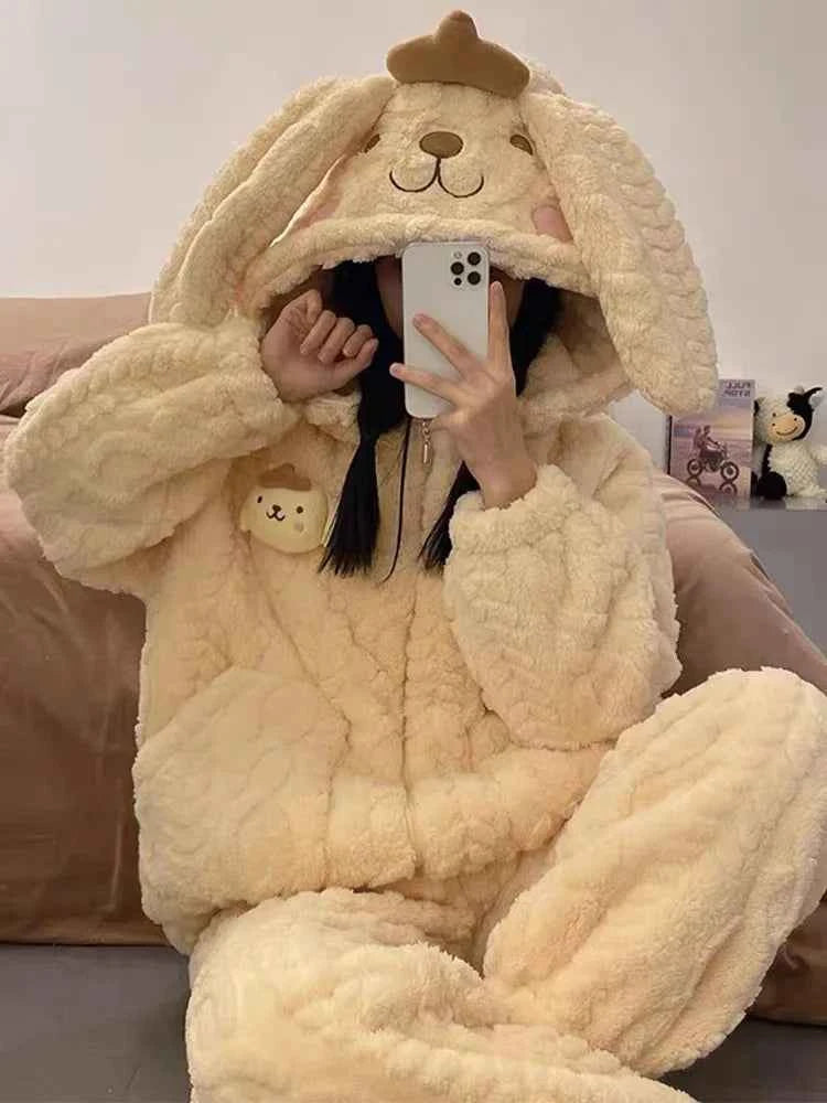 Sanrios My Melody Women's Pajamas Anime Kawaii Pompom Purins Coral Velvet Thickened Cute Hooded Zipper Home Wear Nightgown Suit