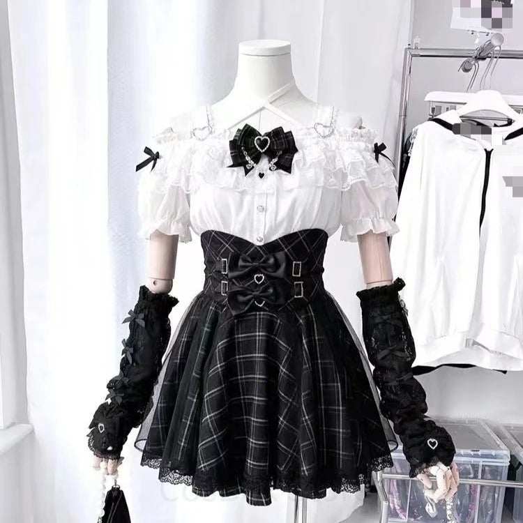 Women's Jirai Kei White Bow Blouse & Black Plaid Skirt Set