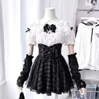 Women's Jirai Kei White Bow Blouse & Black Plaid Skirt Set