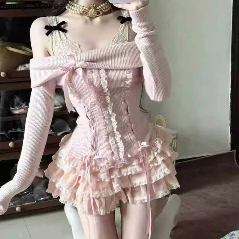 Women's Sweet Lace-Trim Top & Mini Skirt Set