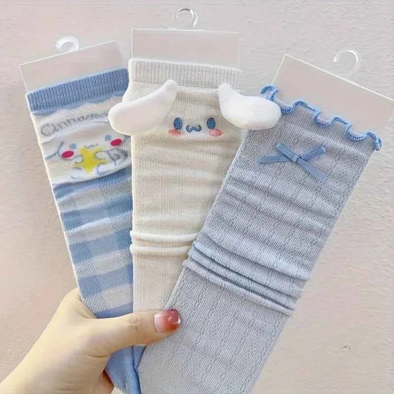 3Pcs Cinnamoroll mid-tube socks for girls light blue socks kawaii style pure cotton soft long socks warm thick cotton socks