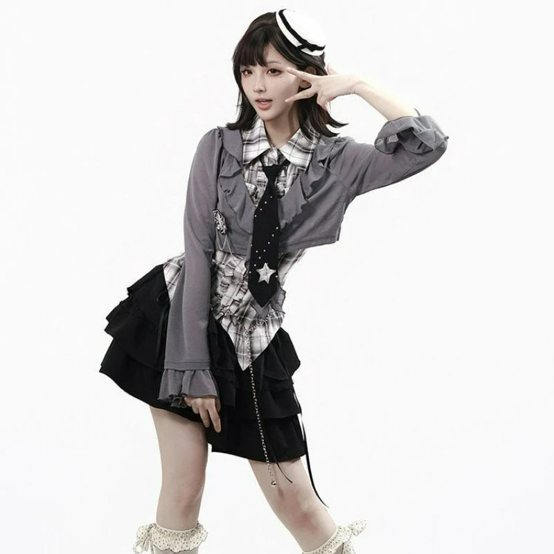 Women's Gothic Preppy Plaid Shirt, Ruffle Cardigan & Tiered Skirt Set