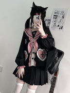 Women's Kawaii Cat Embroidery Blouse & Pleated Mini Skirt Set