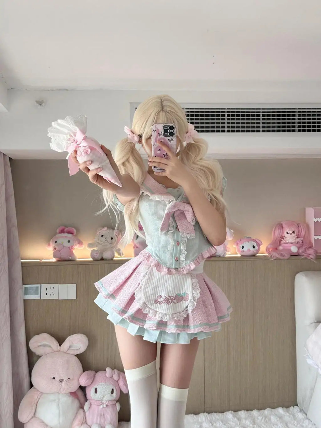 Bow Sailor Collar Lace Short Sleeved Shirt and High Slim - Vusy Kawaii Shop