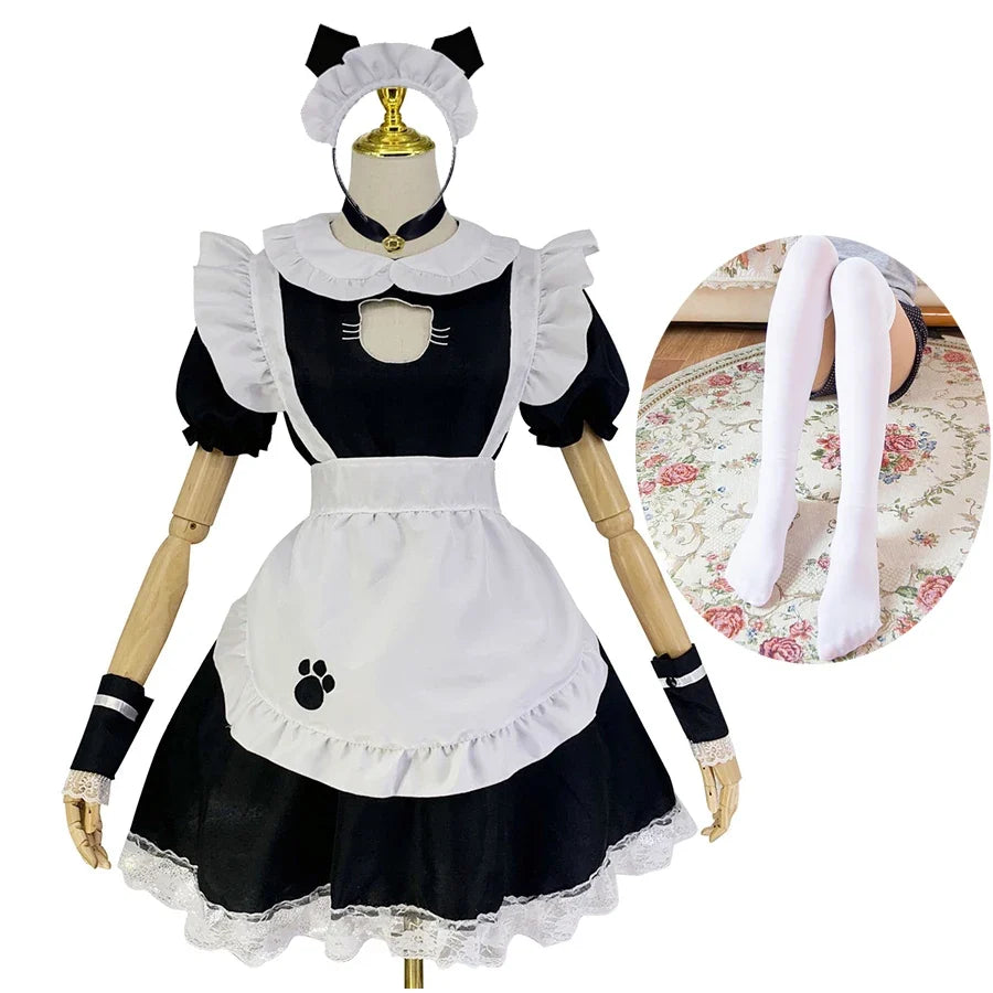 Sexy schwarzes Katzenmädchen-Dienstmädchenkleid, niedliches Lolita-Kleid, Kawaii-Katzenmädchen-Cosplay-Kostüm, Damen-Verkleidung für Partys und Bühnenauftritte