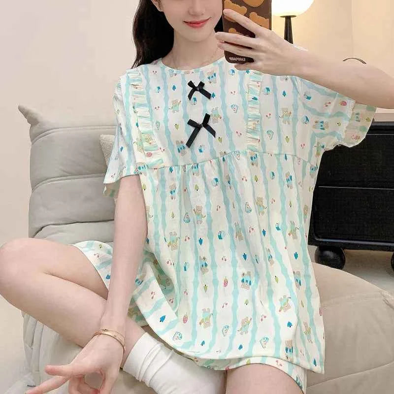 Cloud Cotton Pajamas Ladies Cartoon Striped Print Short Sleeve Shorts Student Casual Simple Nightwear Women Sleepwear 2PCS/Set