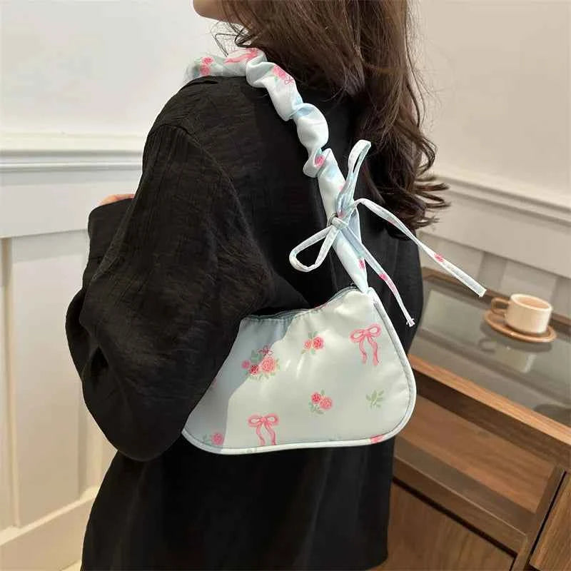 Women's Underarm Bag Summer Canvas Pleated Handlebags Armpit Purse FloralBow Printed Zipper Tote Handbag Female Y2k Shoulder Bag