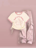 Korean Spring Summer Set Short Sleeve T-Shirt and Pink - Vusy Kawaii Shop