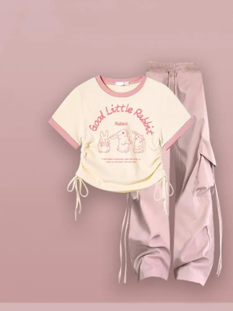 Korean Spring Summer Set Short Sleeve T-Shirt and Pink - Vusy Kawaii Shop