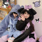 Kawaii Sanrioed Plush Pajamas Suit Cartoon Kuromi Winter Women Hooded Nightgown Long Cute Girls Thickened Warm Sweet Tops Pants