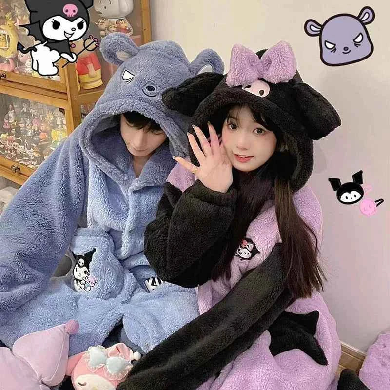 Kawaii Sanrioed Plush Pajamas Suit Cartoon Kuromi Winter Women Hooded Nightgown Long Cute Girls Thickened Warm Sweet Tops Pants