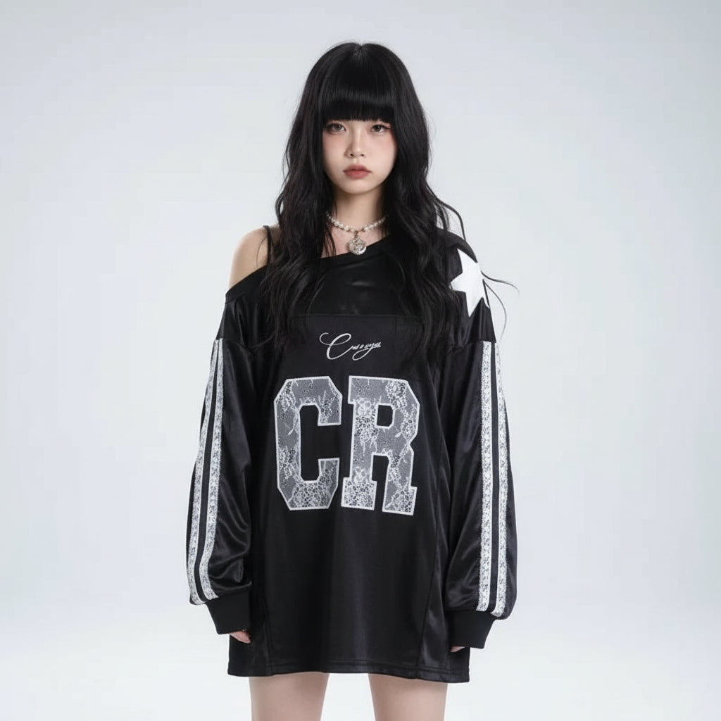 Aesthetic Lace Letter Hoodie Women Skew Collar Lace Up - Vusy Kawaii Shop