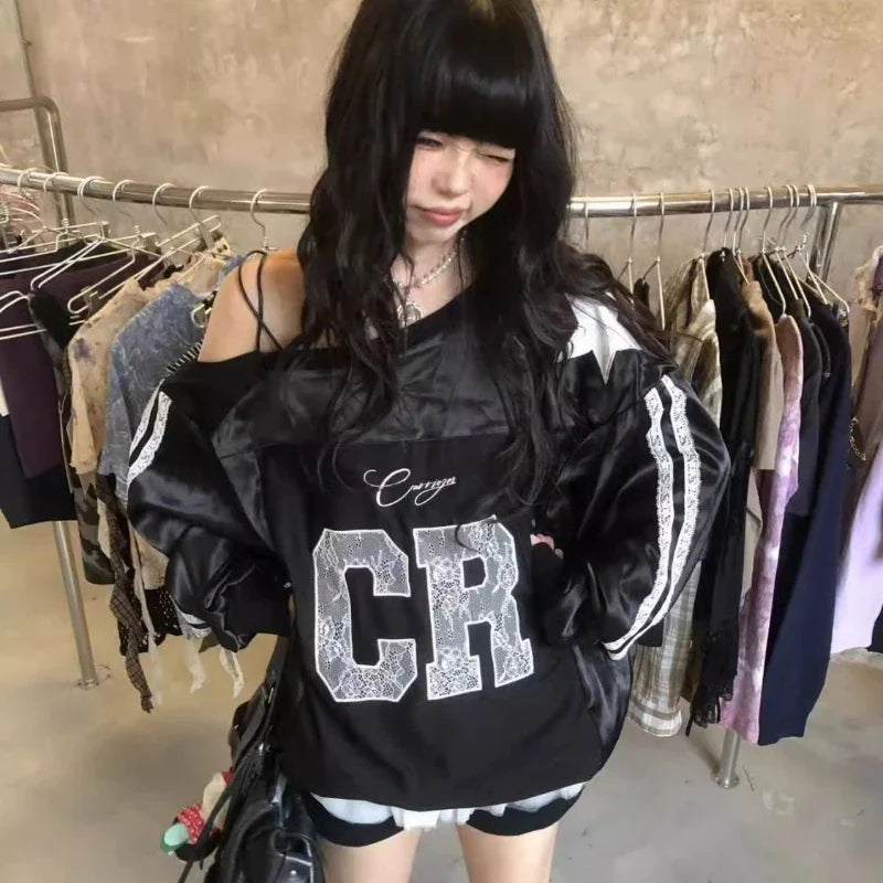 Aesthetic Lace Letter Hoodie Women Skew Collar Lace Up - Vusy Kawaii Shop