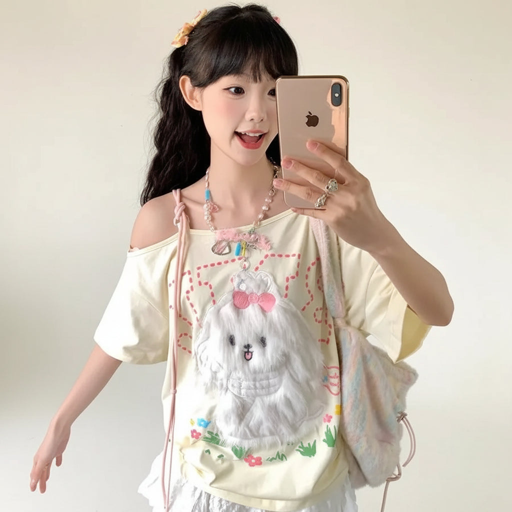 Summer Sweet Girl Student Plush Dog Embroidery Cute Short - Vusy Kawaii Shop