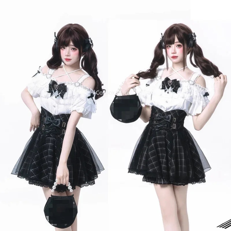 Women's Jirai Kei White Bow Blouse & Black Plaid Skirt Set