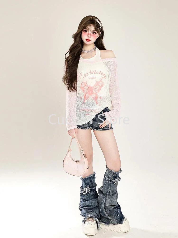 JK Streetwear Halter 2 Piece Set T-Shirt Korean Fashion - Vusy Kawaii Shop